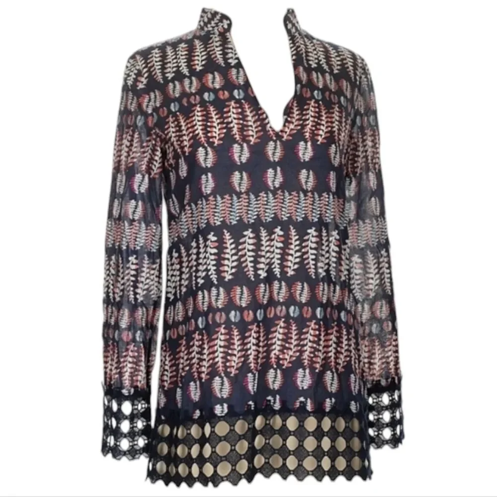 Tory Burch Semi Sheer Floral V-Neck Tunic Blouse Purple Black Size 0